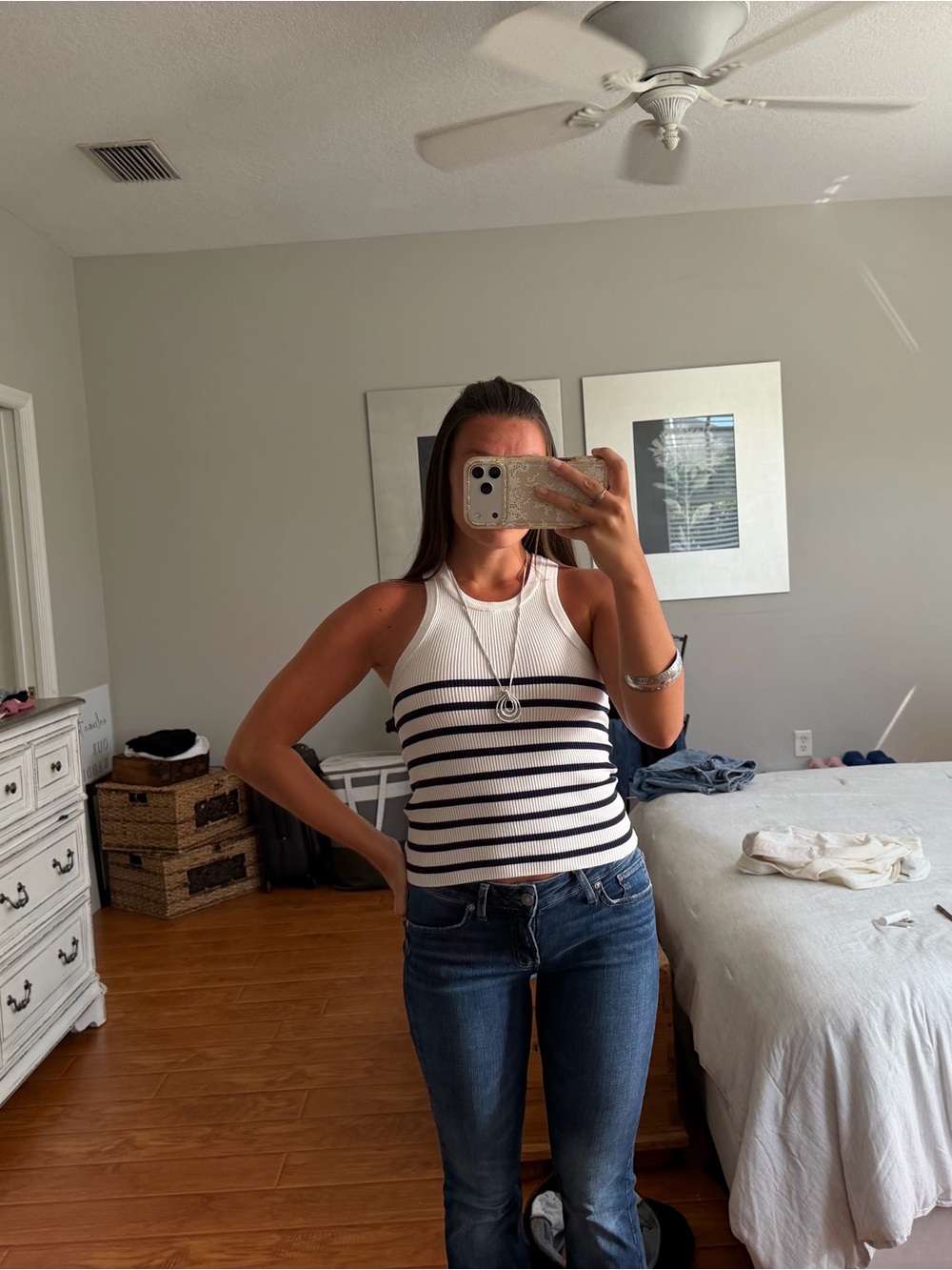 Zara White Ribbed Tank with Navy Horizontal Stripes